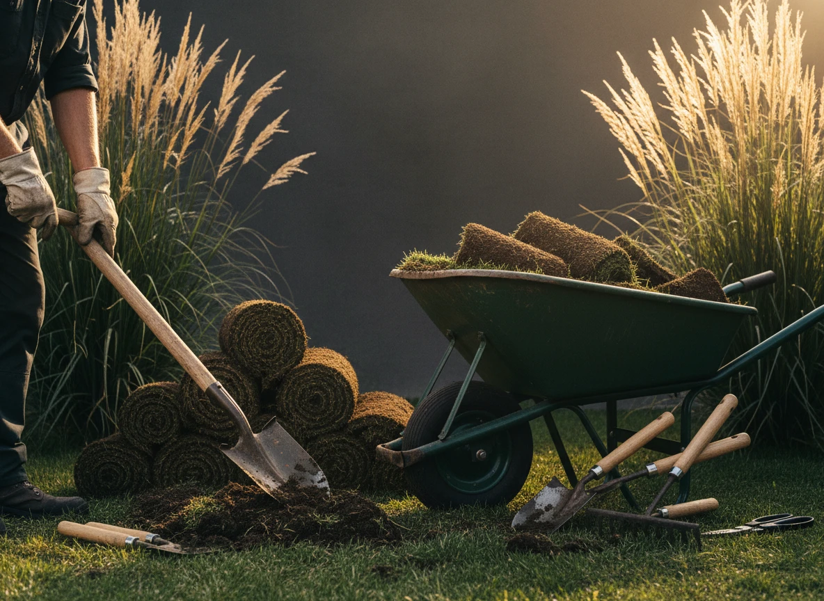 Landscaping crew maintaining a yard